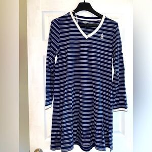 Lauren Ralph Lauren V Neck Navy White Striped Long Sleeve Preppy Dress Size XL